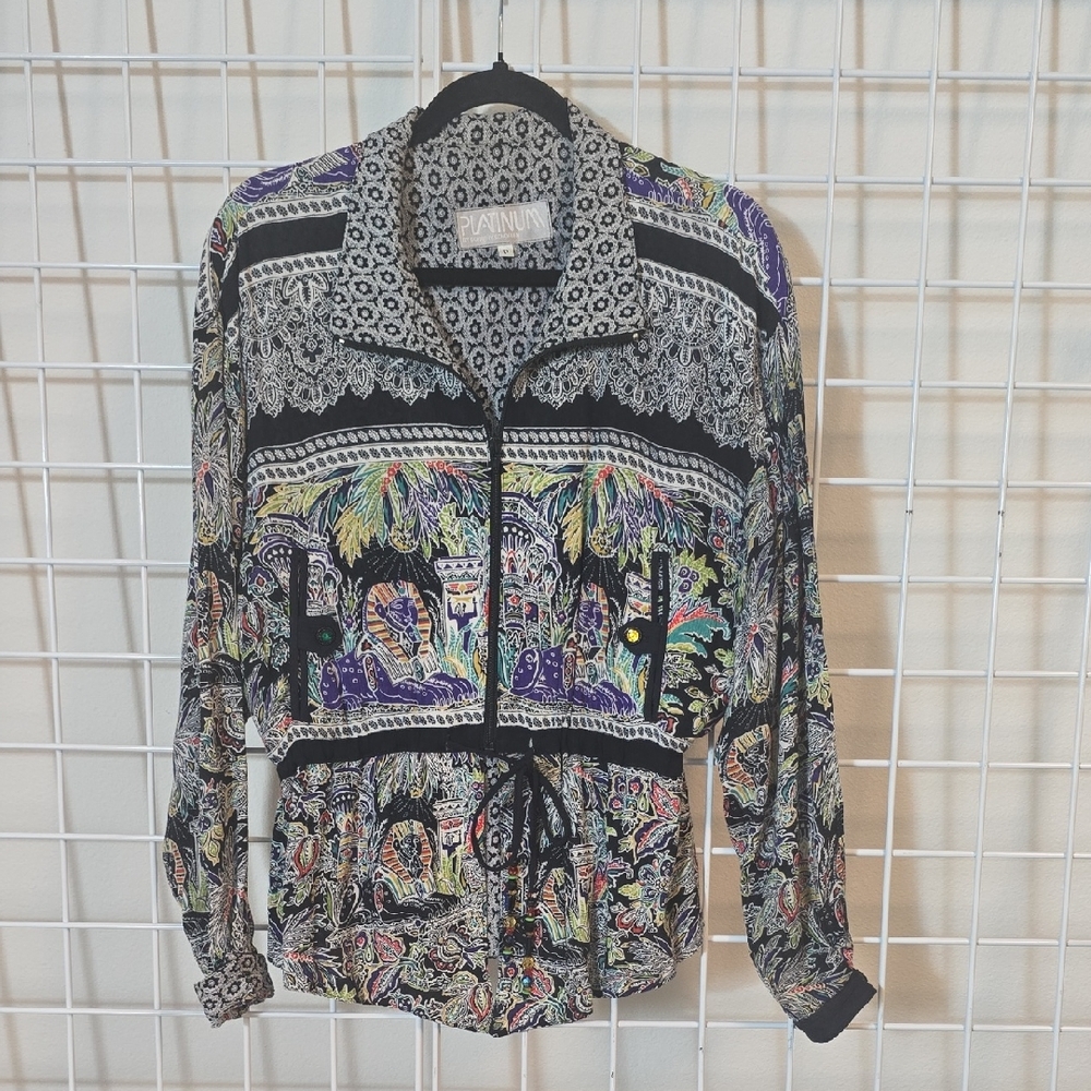 Platinum By Dorothy Shoelen Zip Up Lightweight Jacket Egyptian Theme‎ Vibrant